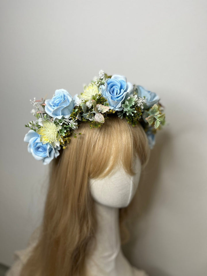 Blue Rose Half Wreath: Boho Bridal Flower Crown – handmade floral hair accessory by magaela