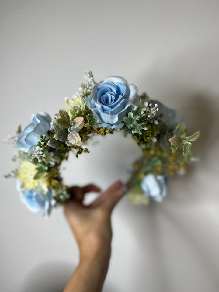 Blue Rose Half Wreath: Boho Bridal Flower Crown – handmade floral hair accessory by magaela