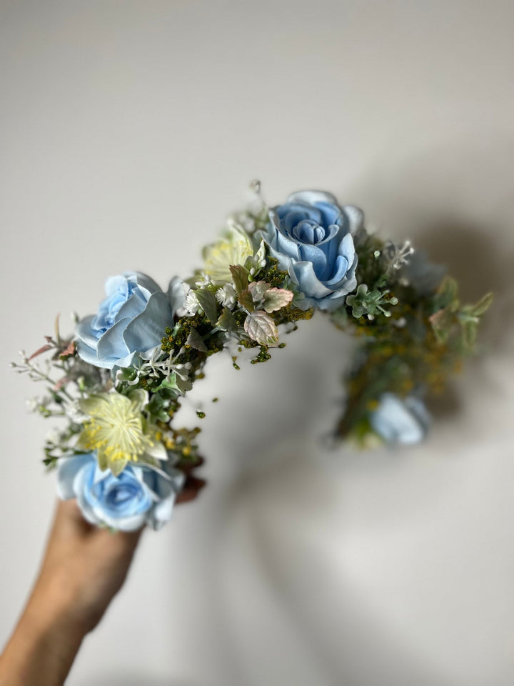 Blue Rose Half Wreath: Boho Bridal Flower Crown – handmade floral hair accessory by magaela