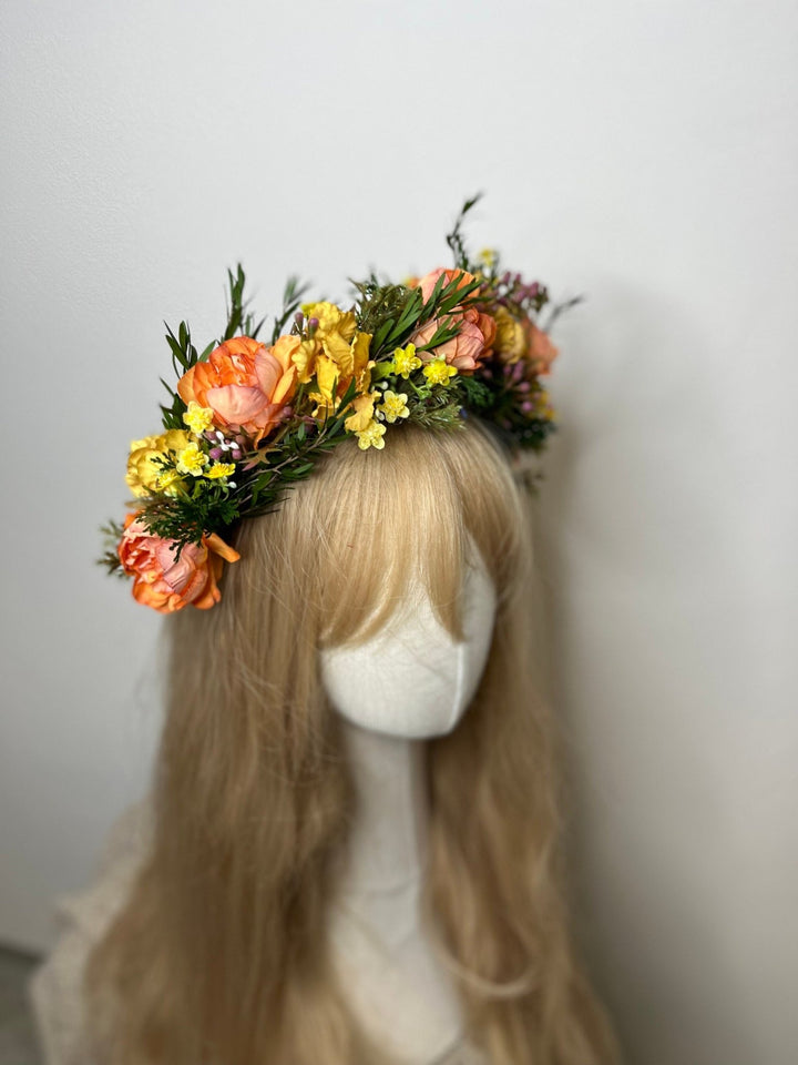 Sunset Flower Half Wreath: Autumn Wedding Crown, Boho Bridal Accessory – handmade floral hair accessory by magaela