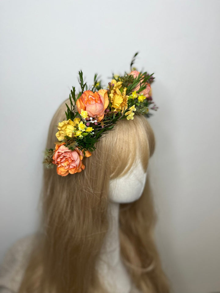 Sunset Flower Half Wreath: Autumn Wedding Crown, Boho Bridal Accessory – handmade floral hair accessory by magaela