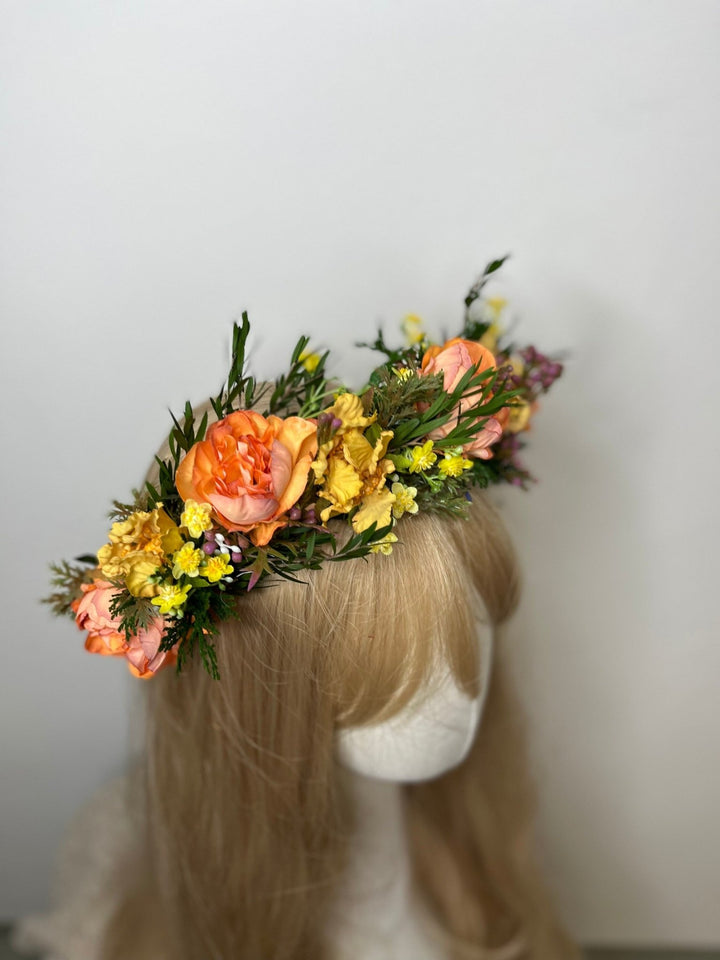 Sunset Flower Half Wreath: Autumn Wedding Crown, Boho Bridal Accessory – handmade floral hair accessory by magaela