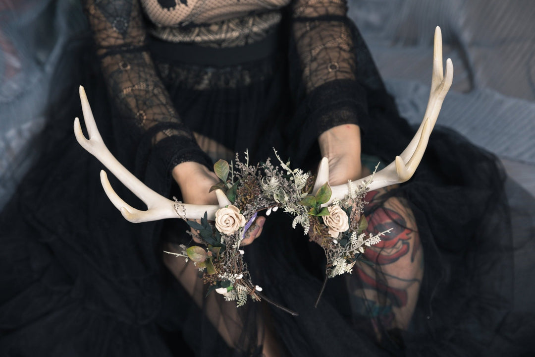 Halloween Deer Antler Crown: Black Flower Horn Headband – handmade floral hair accessory by magaela