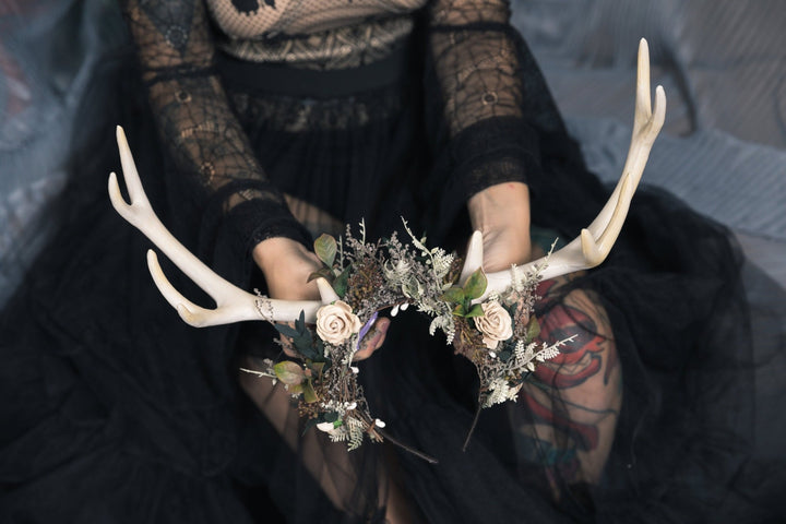Halloween Deer Antler Crown: Black Flower Horn Headband – handmade floral hair accessory by magaela