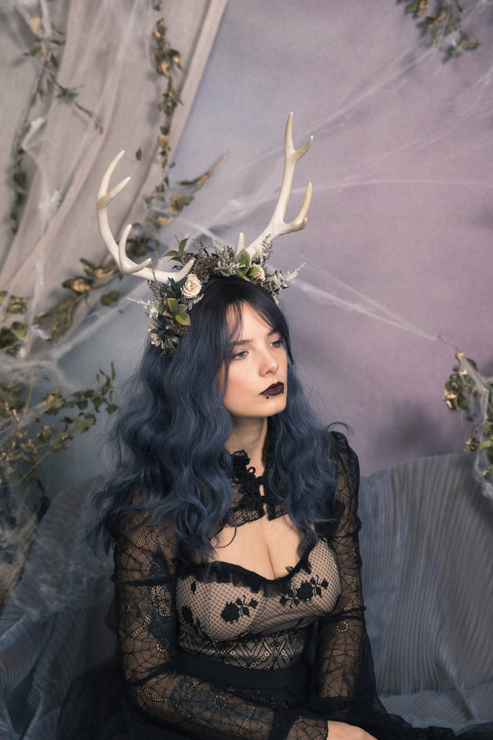 Halloween Deer Antler Crown: Black Flower Horn Headband – handmade floral hair accessory by magaela