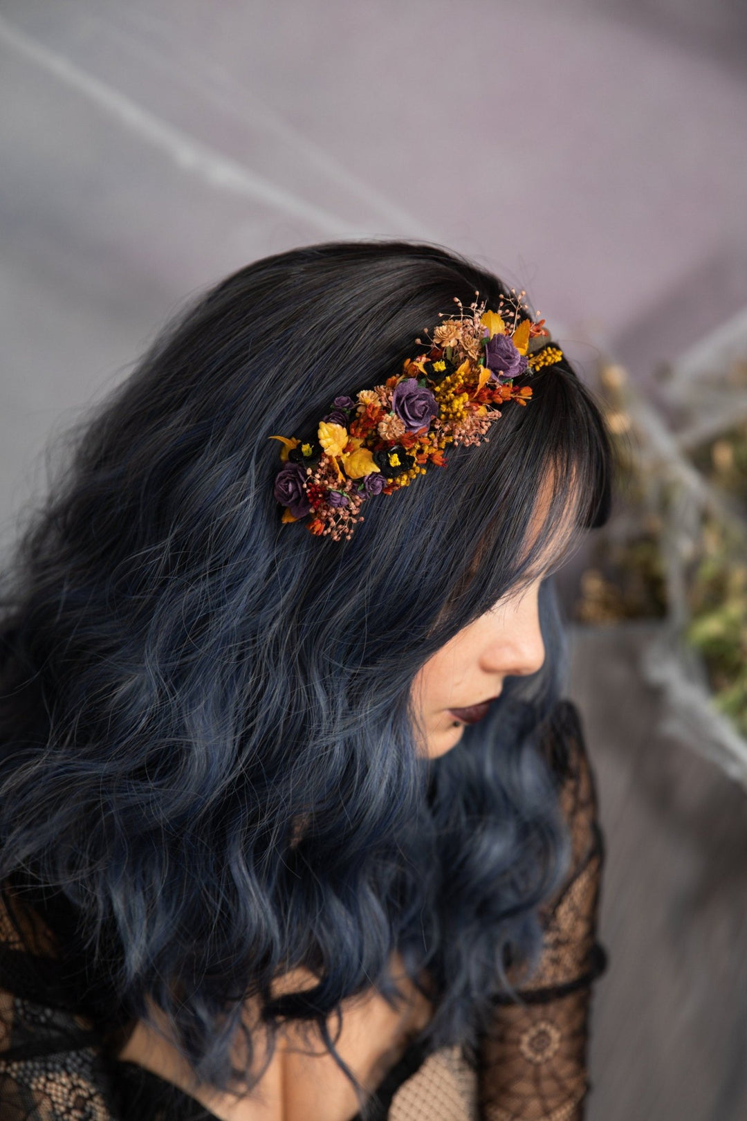 Autumn Flower Headband: Bridal Wedding Crown, Purple Roses – handmade floral hair accessory by magaela