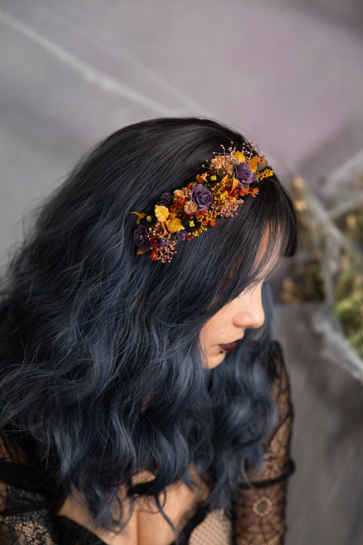 Autumn Flower Headband: Bridal Wedding Crown, Purple Roses – handmade floral hair accessory by magaela