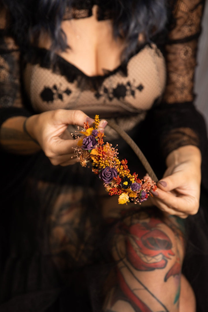 Autumn Flower Headband: Bridal Wedding Crown, Purple Roses – handmade floral hair accessory by magaela