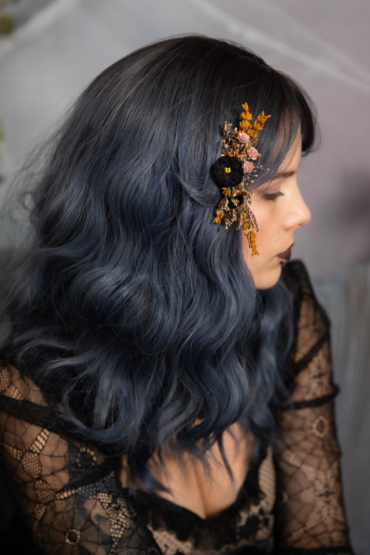 Ochre & Black Flower Hair Comb: Autumn Wedding Bridal Clip – handmade floral hair accessory by magaela