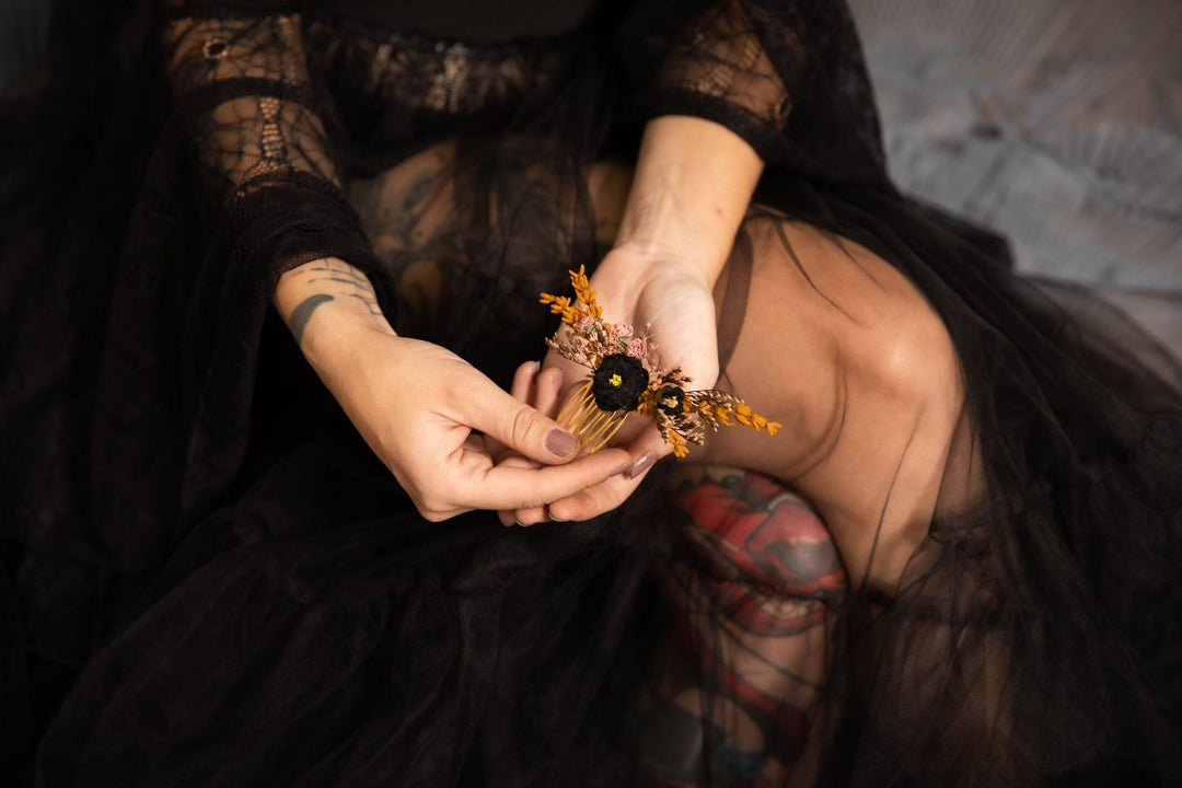 Ochre & Black Flower Hair Comb: Autumn Wedding Bridal Clip – handmade floral hair accessory by magaela