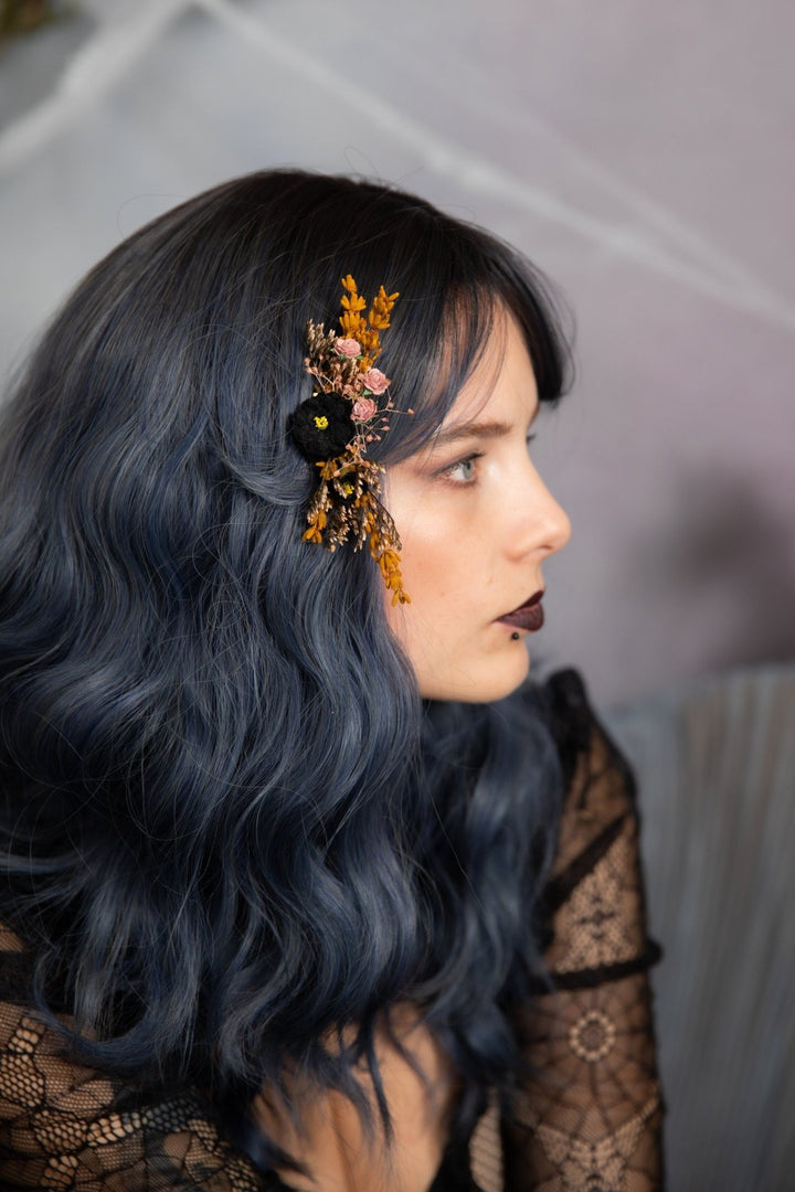 Ochre & Black Flower Hair Comb: Autumn Wedding Bridal Clip – handmade floral hair accessory by magaela