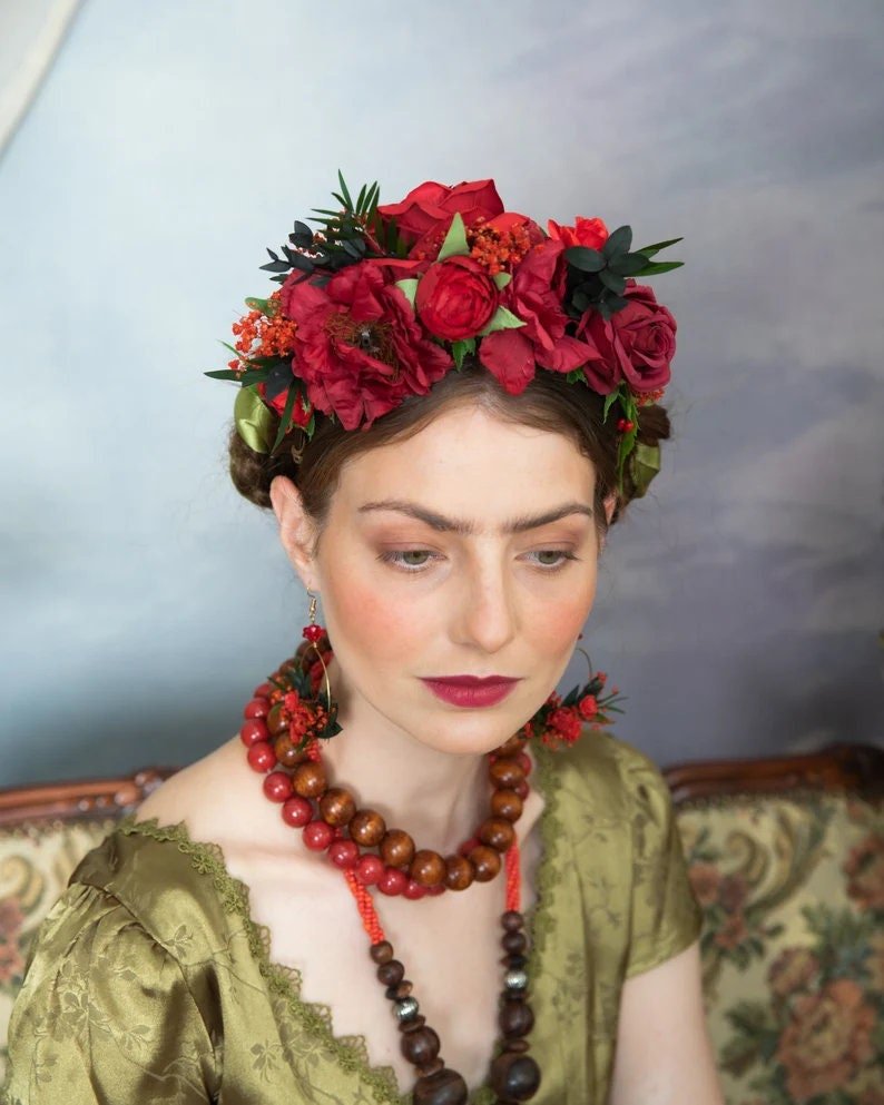 Red Frida Flower Headband: Bridal Wedding Hair Accessory – handmade floral hair accessory by magaela