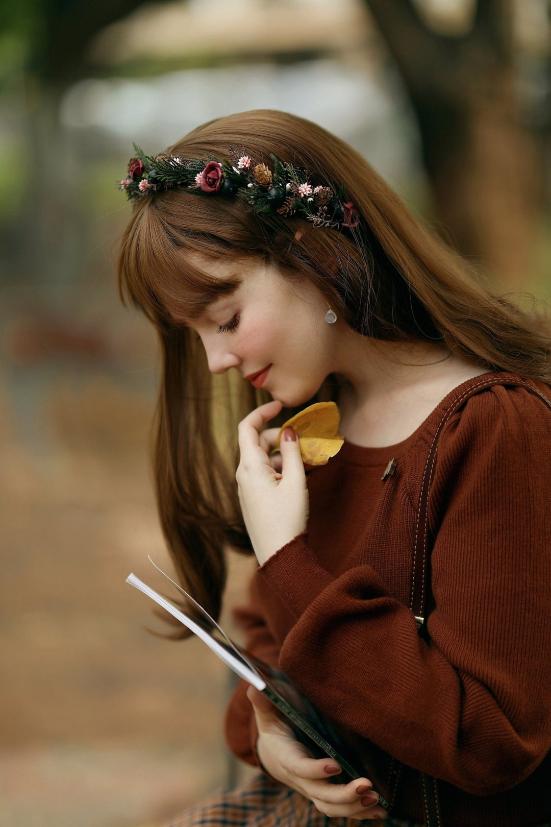 Autumn Flower Half Wreath: Woodland Bridal Crown with Pine Cones – handmade floral hair accessory by magaela