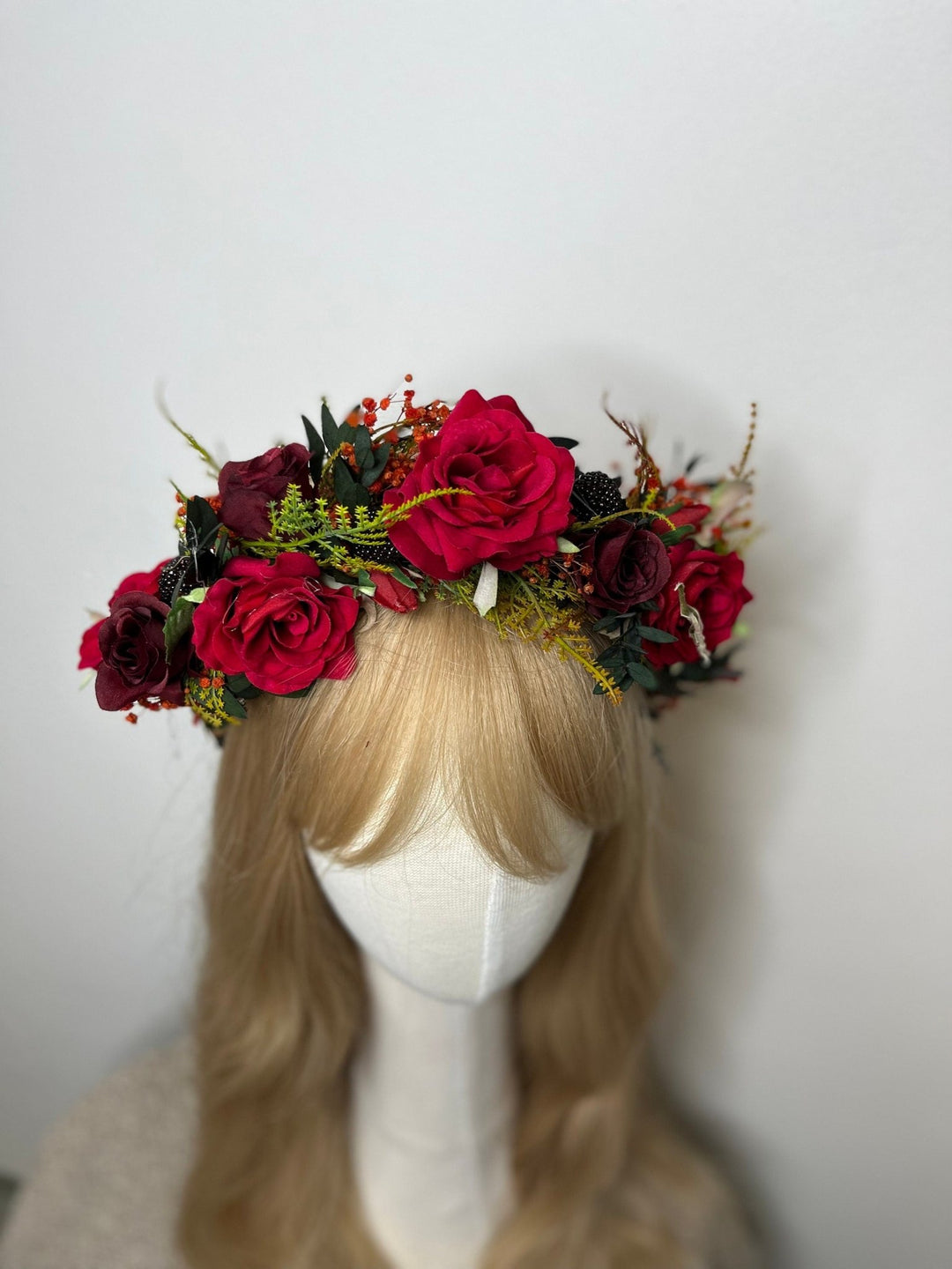 Red Rose Bridal Crown: Burgundy Flower Half Wreath Headpiece – handmade floral hair accessory by magaela