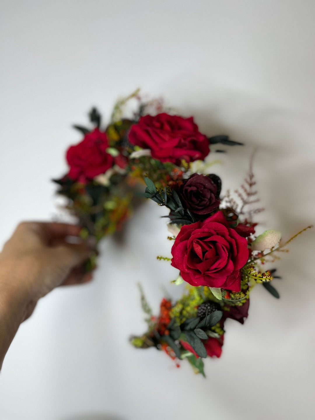 Red Rose Bridal Crown: Burgundy Flower Half Wreath Headpiece – handmade floral hair accessory by magaela