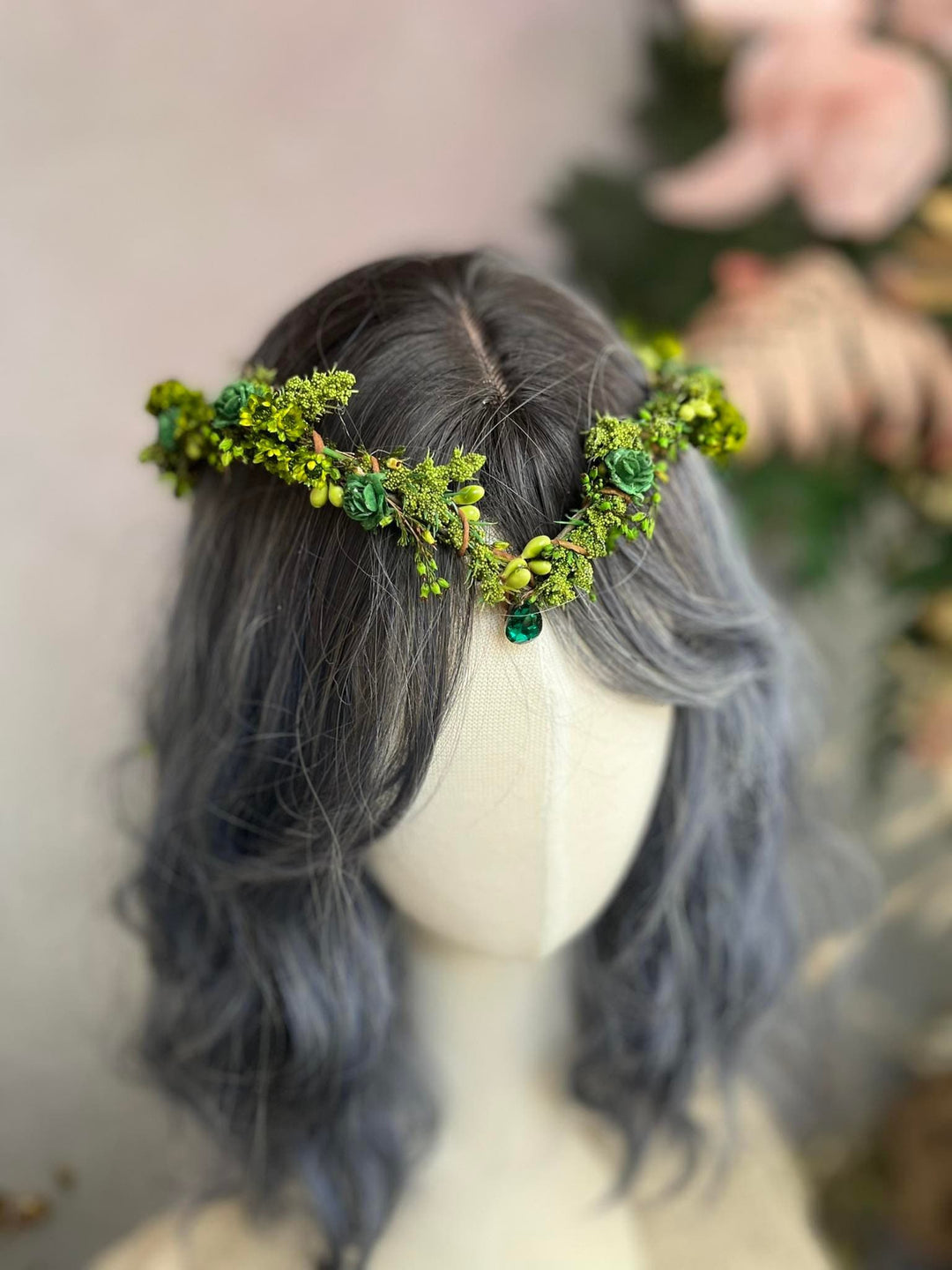 Green Flower Elf Tiara: Woodland Wedding Fairy Crown – handmade floral hair accessory by magaela