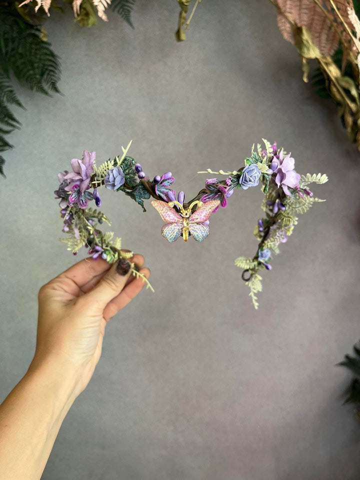 Elven Flower Tiara: Butterfly Wedding Crown, Lilac Fairy Bridal Headpiece – handmade floral hair accessory by magaela
