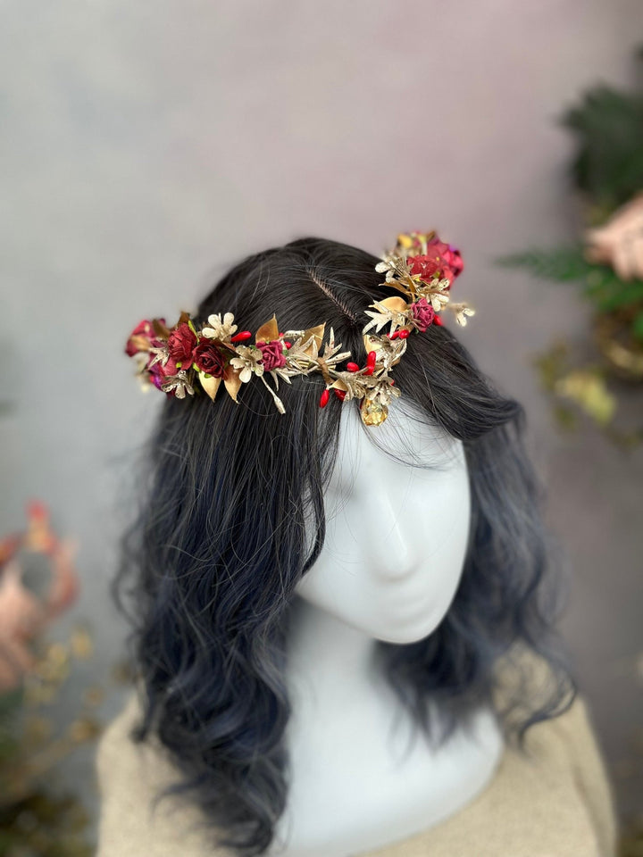 Golden Burgundy Flower Tiara: Elven Wedding Bridal Crown – handmade floral hair accessory by magaela