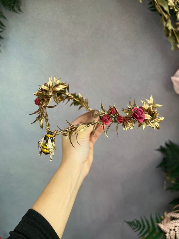 Flower Elven Tiara: Golden Burgundy Fairy Crown with Bee – handmade floral hair accessory by magaela