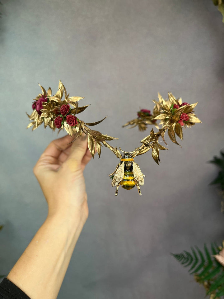 Flower Elven Tiara: Golden Burgundy Fairy Crown with Bee – handmade floral hair accessory by magaela