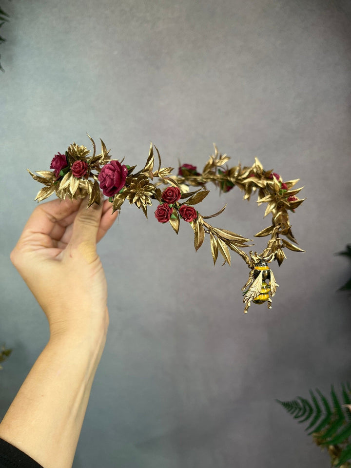 Flower Elven Tiara: Golden Burgundy Fairy Crown with Bee – handmade floral hair accessory by magaela