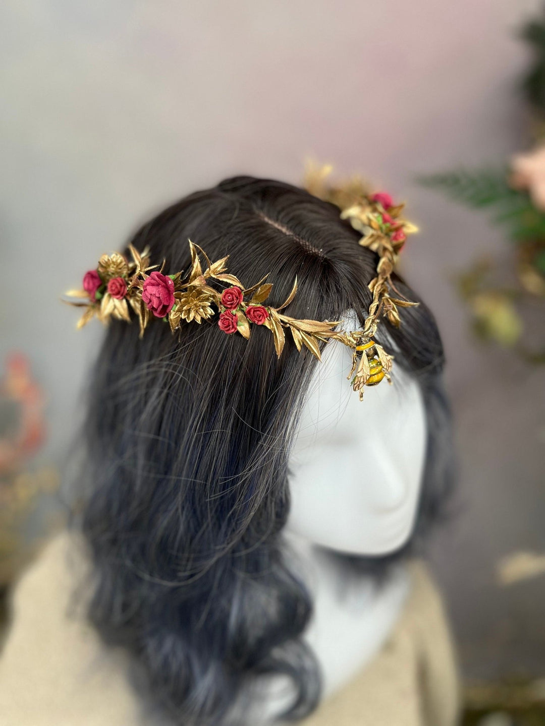 Flower Elven Tiara: Golden Burgundy Fairy Crown with Bee – handmade floral hair accessory by magaela