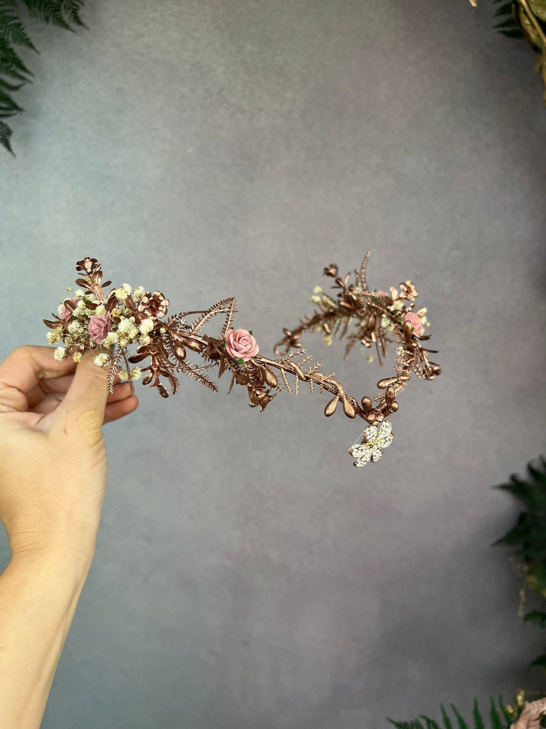Romantic Rose Gold Flower Tiara: Elven Bridal Wedding Crown – handmade floral hair accessory by magaela