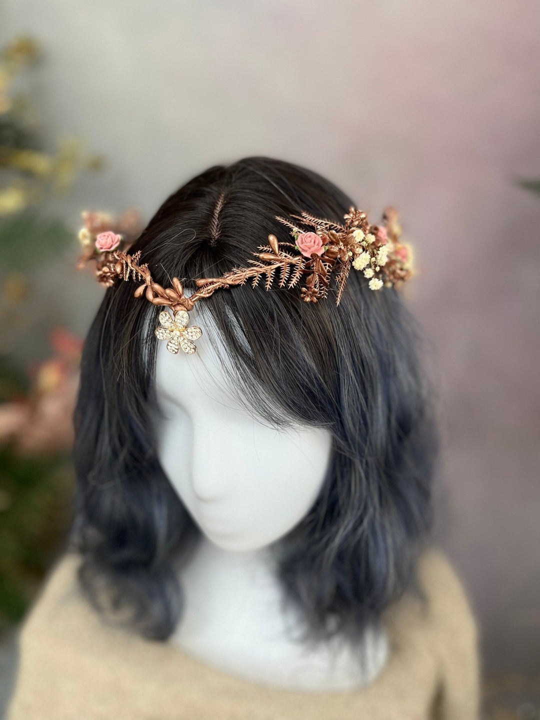 Romantic Rose Gold Flower Tiara: Elven Bridal Wedding Crown – handmade floral hair accessory by magaela