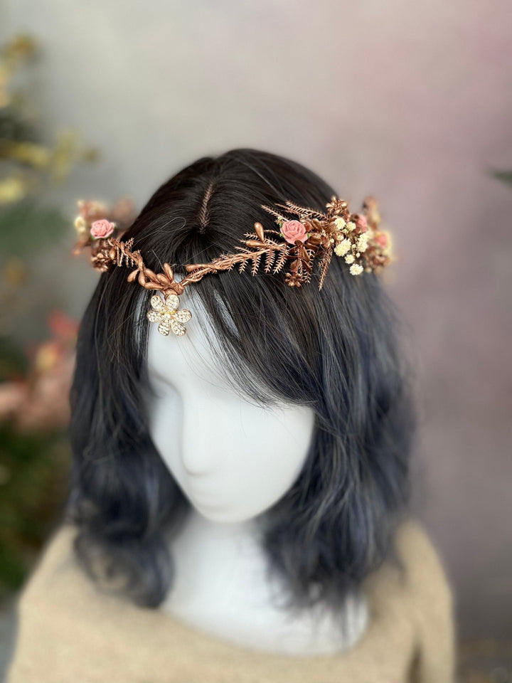 Romantic Rose Gold Flower Tiara: Elven Bridal Wedding Crown – handmade floral hair accessory by magaela