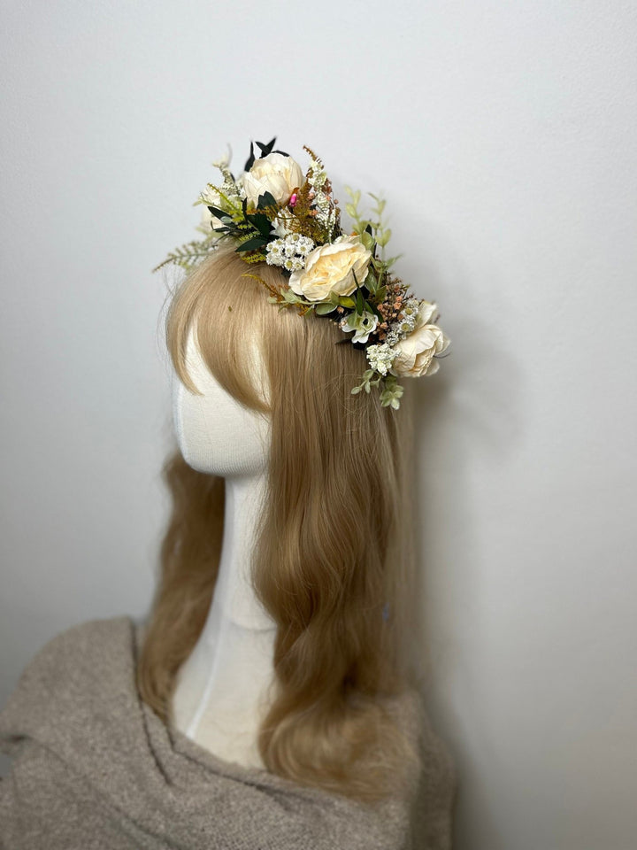 Pastel Yellow Flower Crown: Romantic Wedding Half Wreath – handmade floral hair accessory by magaela
