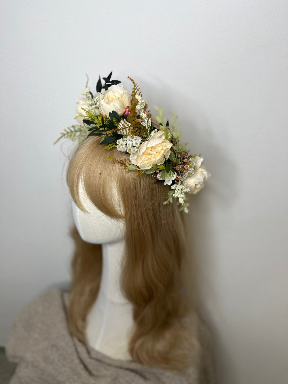Pastel Yellow Flower Crown: Romantic Wedding Half Wreath – handmade floral hair accessory by magaela