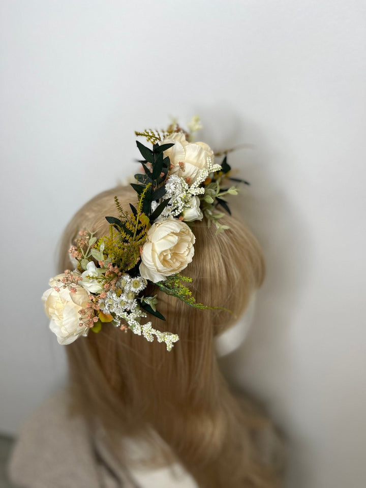 Pastel Yellow Flower Crown: Romantic Wedding Half Wreath – handmade floral hair accessory by magaela