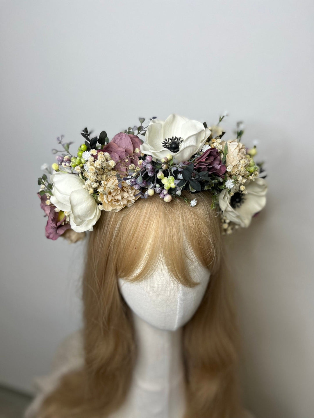 Anemone Wedding Half Wreath: White & Dusty Pink Flower Crown – handmade floral hair accessory by magaela