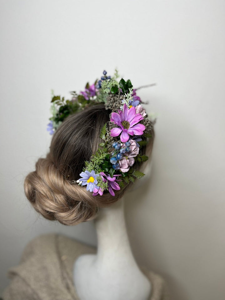 Purple Flower Wedding Crown: Boho Bridal Headpiece – handmade floral hair accessory by magaela