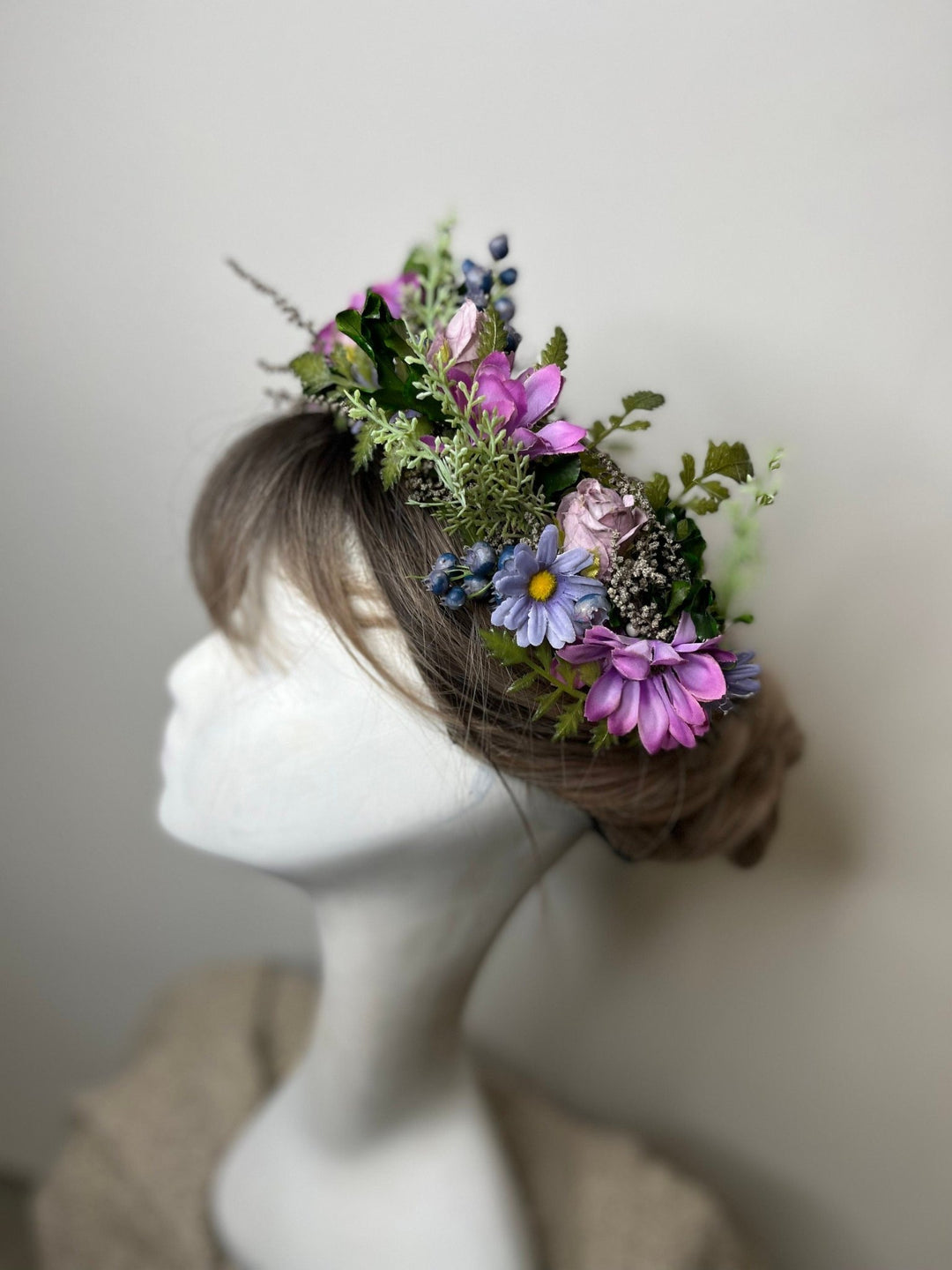 Purple Flower Wedding Crown: Boho Bridal Headpiece – handmade floral hair accessory by magaela