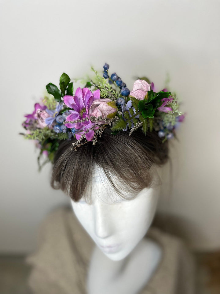 Purple Flower Wedding Crown: Boho Bridal Headpiece – handmade floral hair accessory by magaela