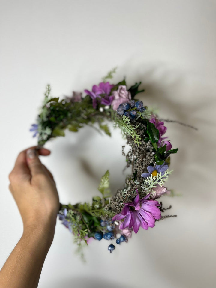 Purple Flower Wedding Crown: Boho Bridal Headpiece – handmade floral hair accessory by magaela