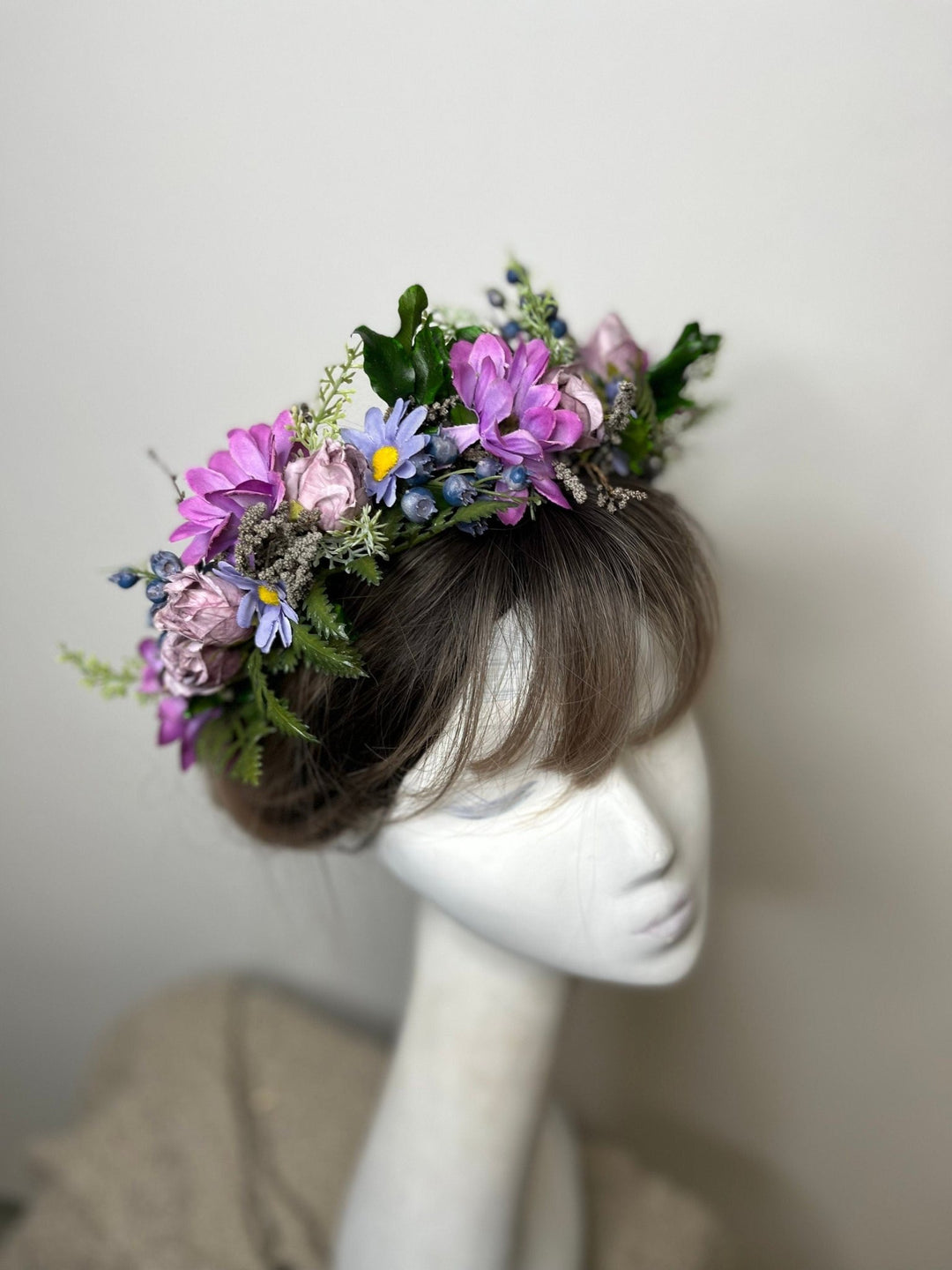 Purple Flower Wedding Crown: Boho Bridal Headpiece – handmade floral hair accessory by magaela