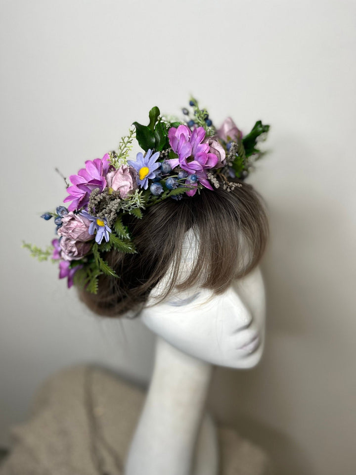 Purple Flower Wedding Crown: Boho Bridal Headpiece – handmade floral hair accessory by magaela