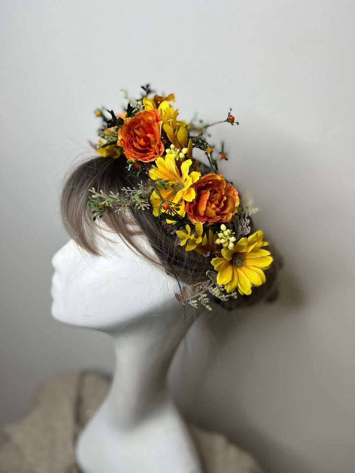 Autumn Flower Half Wreath: Sunset Wedding Crown, Fall Headpiece – handmade floral hair accessory by magaela