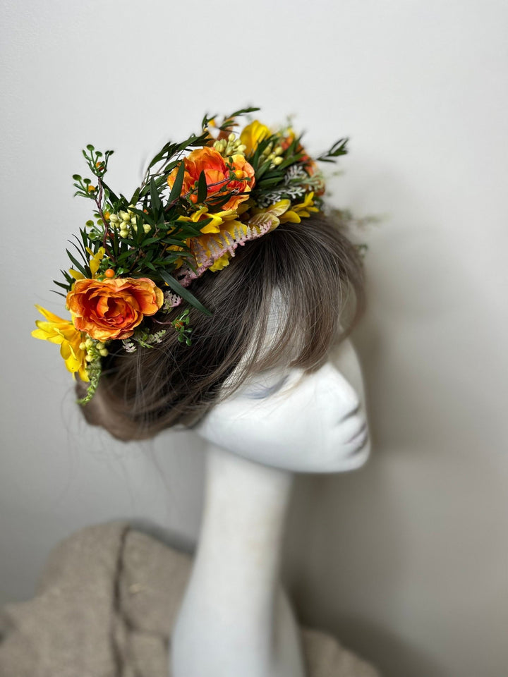 Autumn Flower Half Wreath: Sunset Wedding Crown, Fall Headpiece – handmade floral hair accessory by magaela