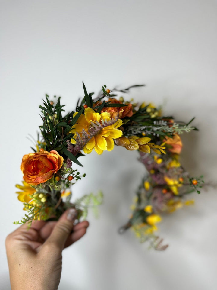 Autumn Flower Half Wreath: Sunset Wedding Crown, Fall Headpiece – handmade floral hair accessory by magaela
