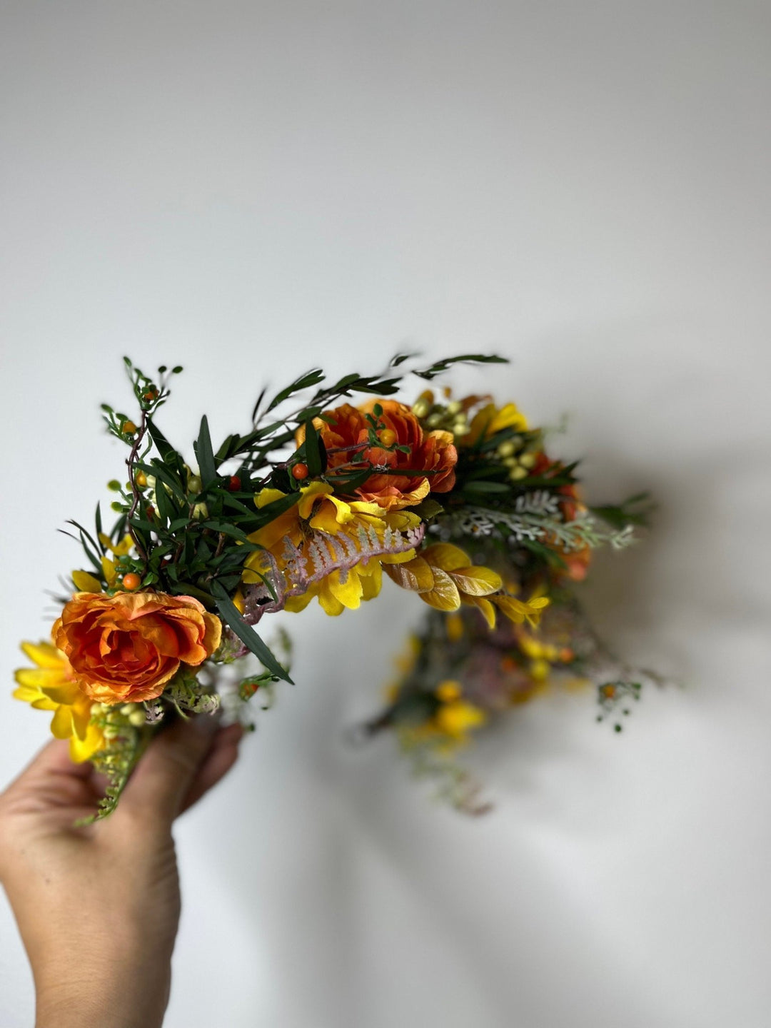 Autumn Flower Half Wreath: Sunset Wedding Crown, Fall Headpiece – handmade floral hair accessory by magaela