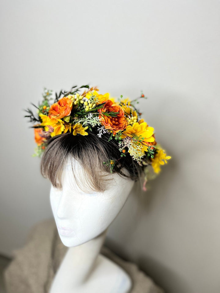 Autumn Flower Half Wreath: Sunset Wedding Crown, Fall Headpiece – handmade floral hair accessory by magaela