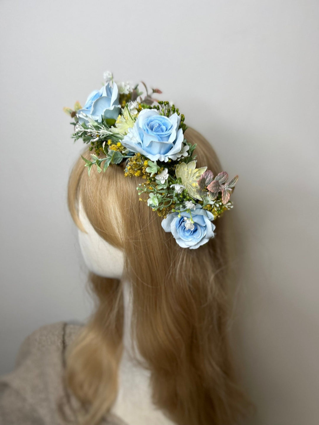 Blue Rose Half Wreath: Boho Bridal Flower Crown – handmade floral hair accessory by magaela