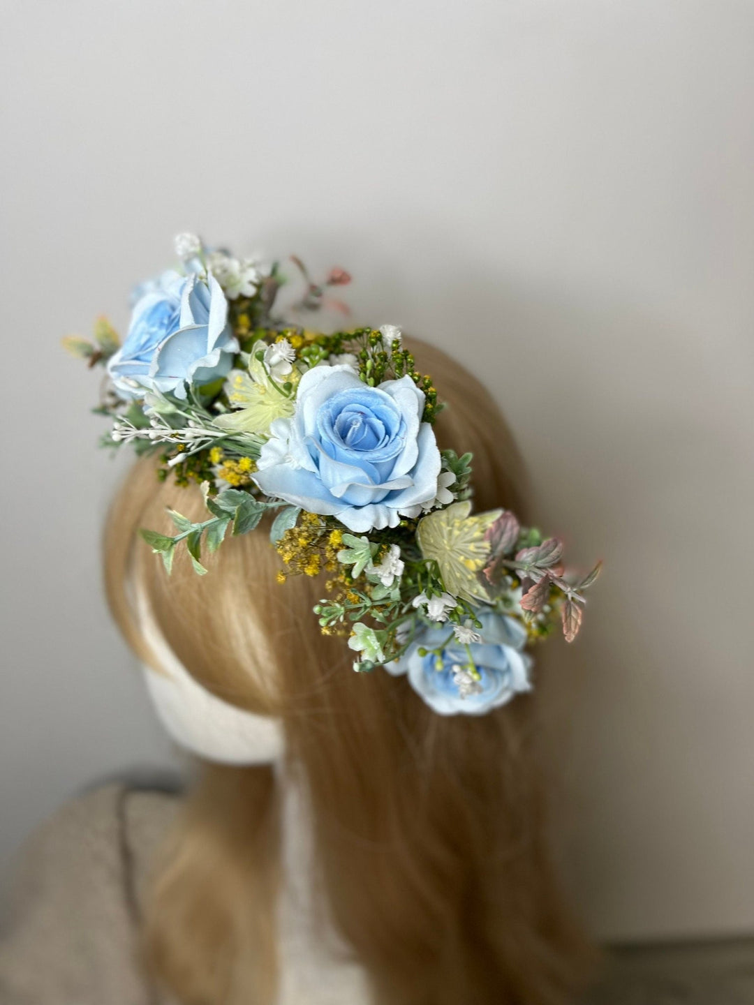 Blue Rose Half Wreath: Boho Bridal Flower Crown – handmade floral hair accessory by magaela