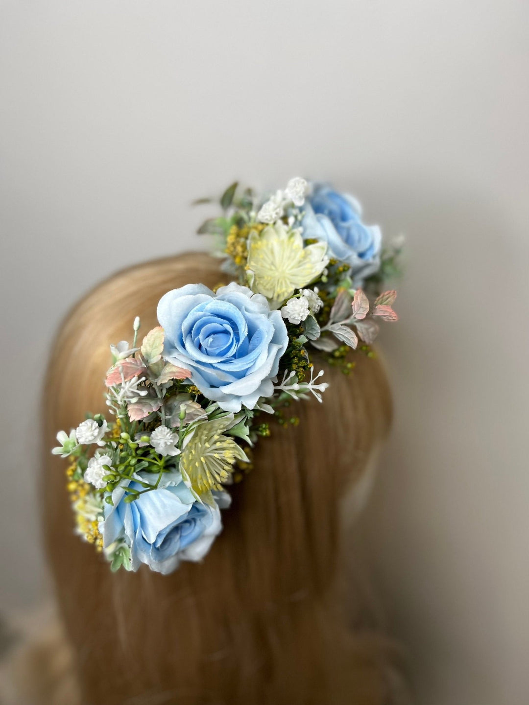 Blue Rose Half Wreath: Boho Bridal Flower Crown – handmade floral hair accessory by magaela