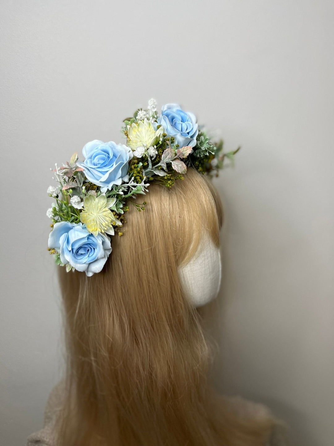 Blue Rose Half Wreath: Boho Bridal Flower Crown – handmade floral hair accessory by magaela