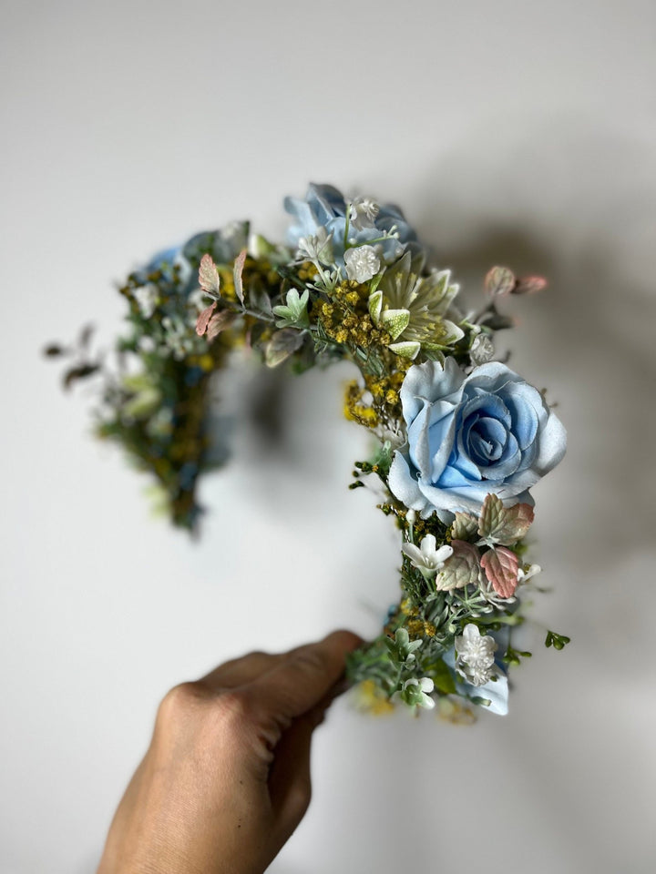 Blue Rose Half Wreath: Boho Bridal Flower Crown – handmade floral hair accessory by magaela