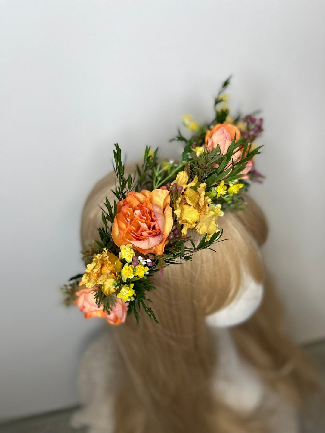 Sunset Flower Half Wreath: Autumn Wedding Crown, Boho Bridal Accessory – handmade floral hair accessory by magaela